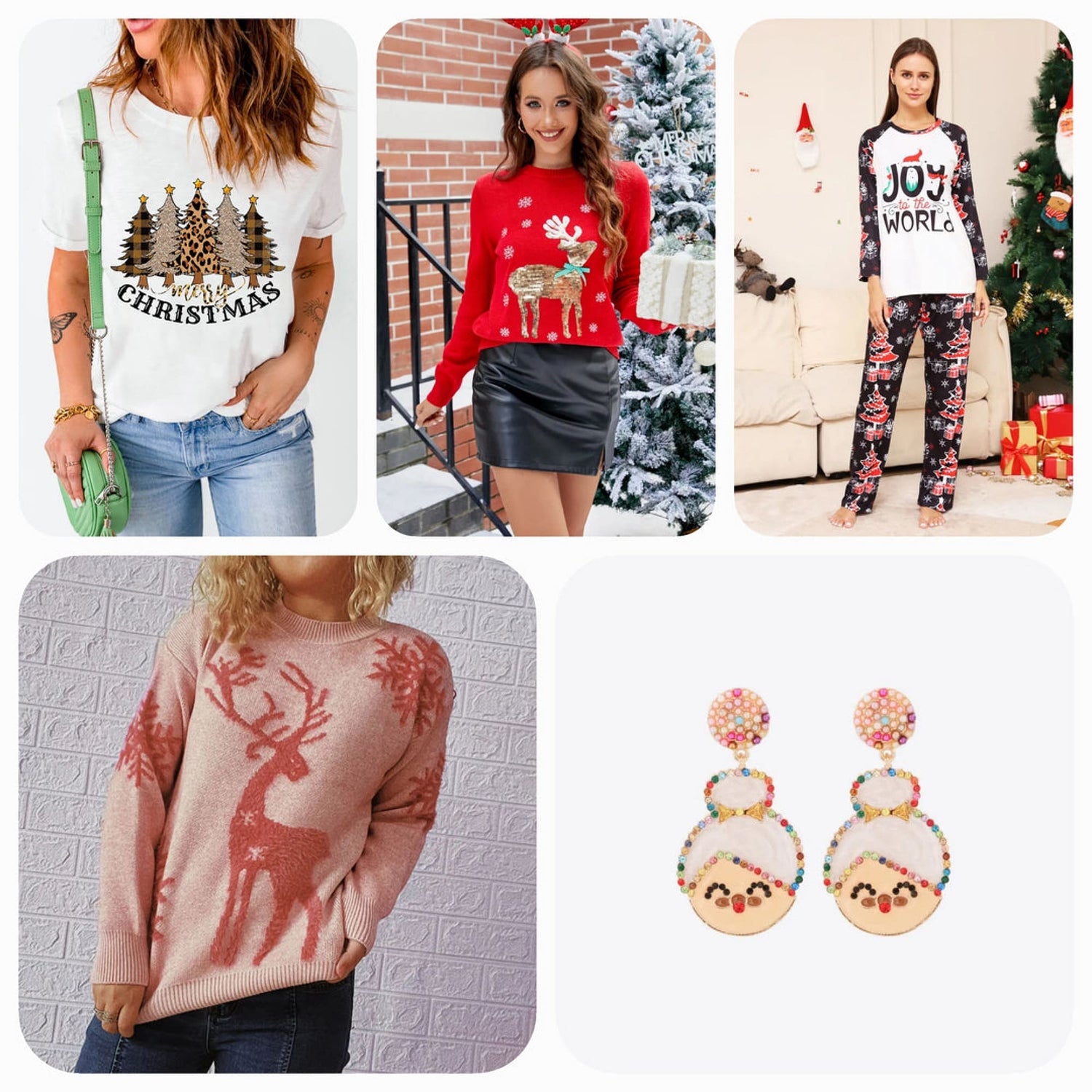A collection of festive Christmas sweaters, hoodies, and accessories including ugly Christmas sweaters, hats, and decorations for the holidays.