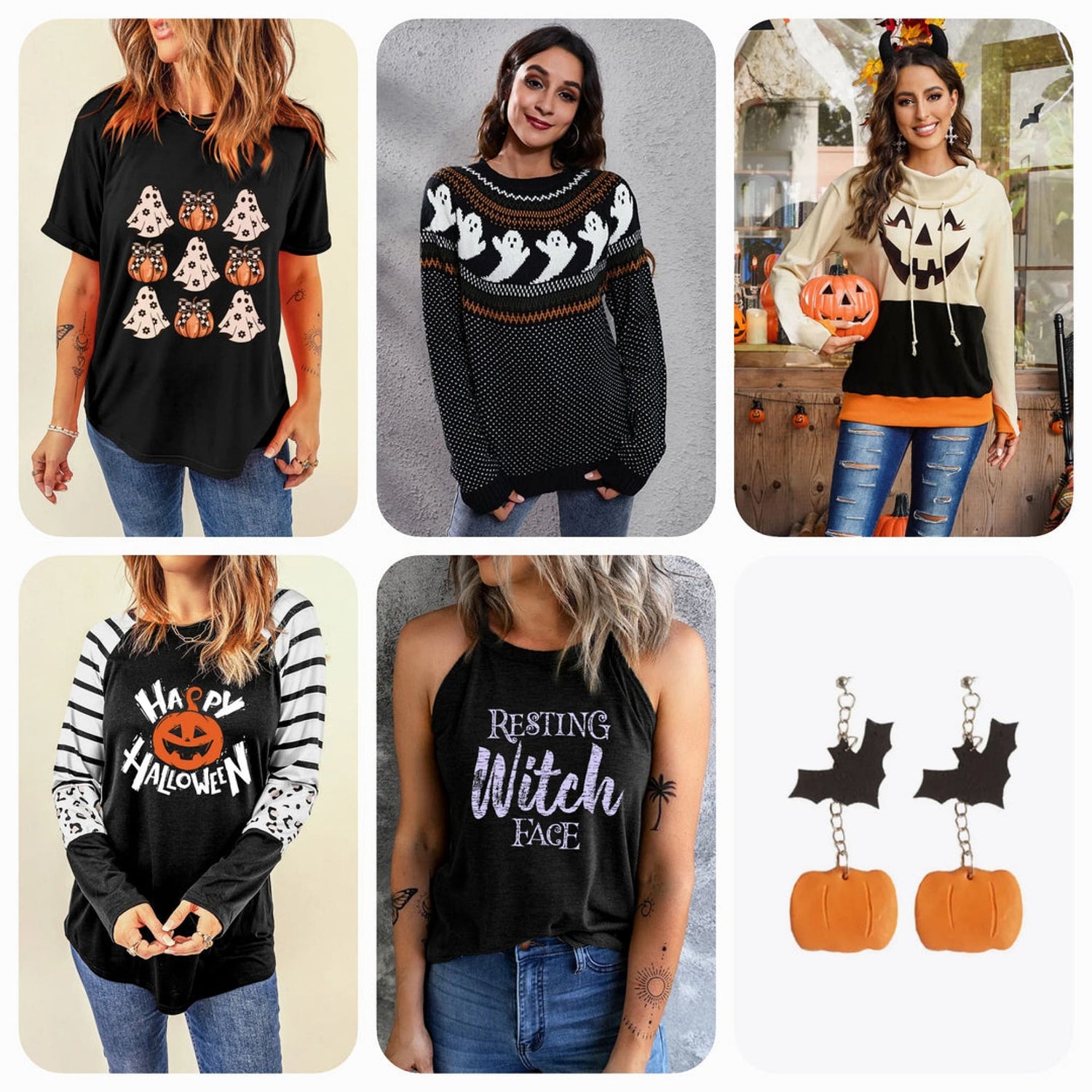 Women’s Halloween-themed apparel featuring cute apparel and accessories for a festive, spooky look.
