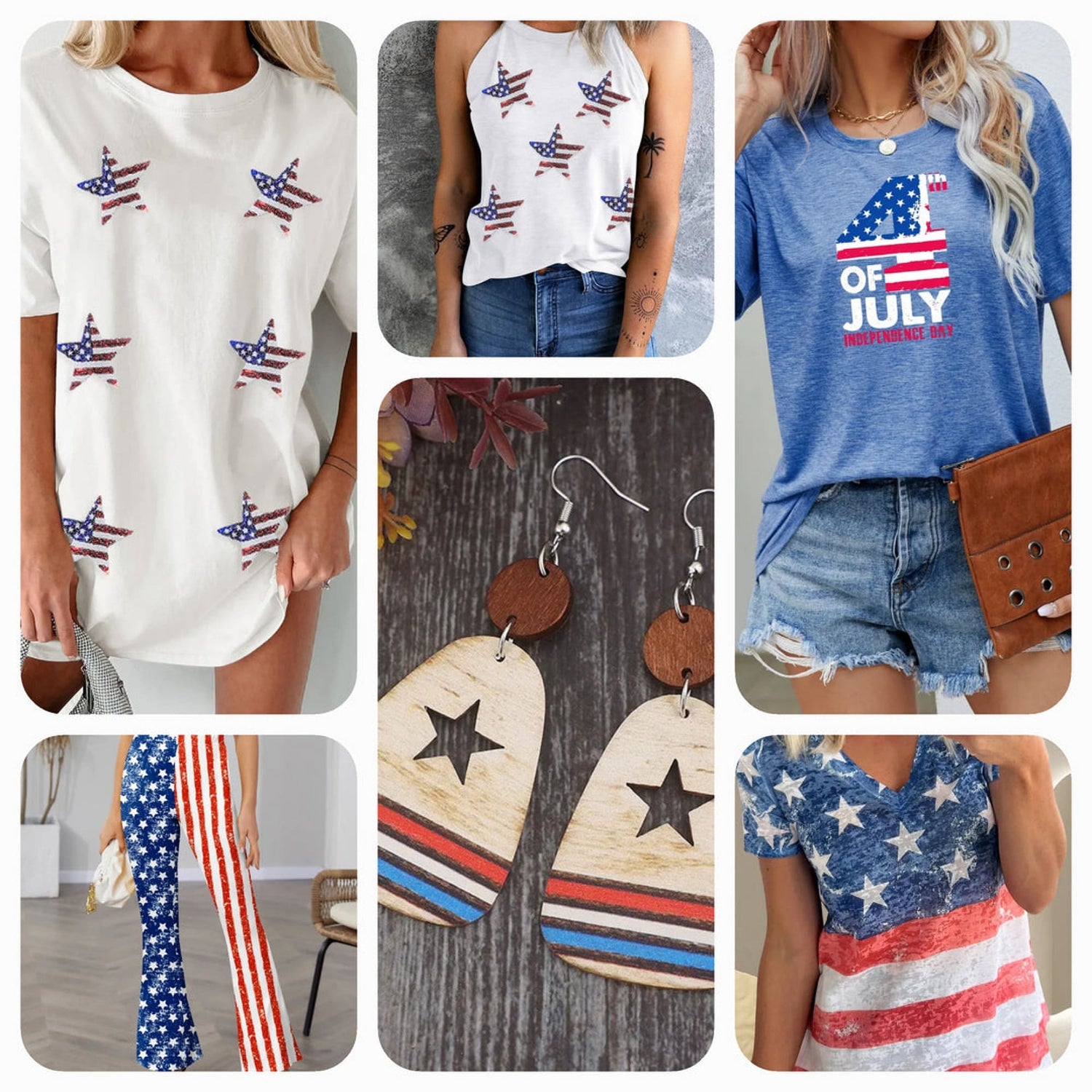 A variety of 4th of July clothing including patriotic shirts, tees, sweaters, and shorts for women, perfect for Independence Day celebrations.
