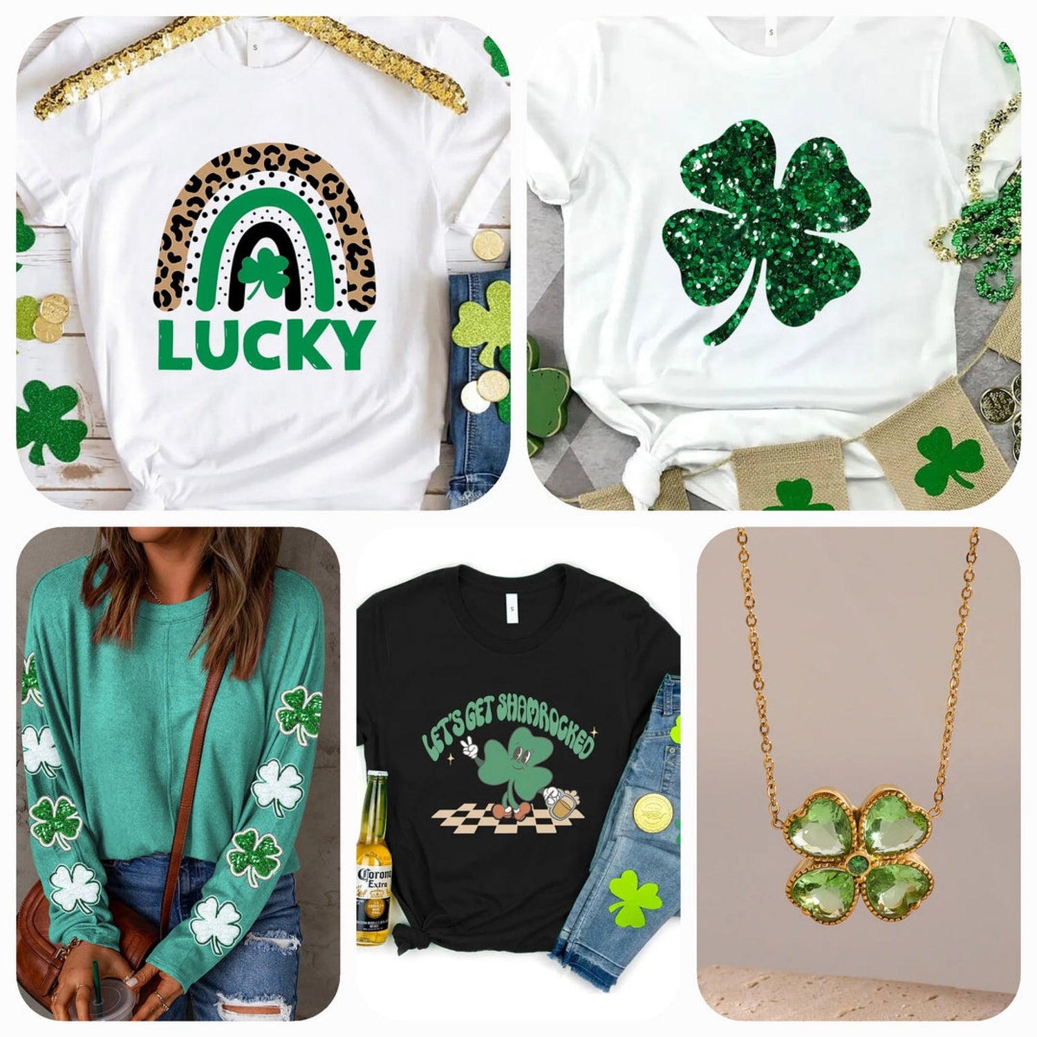 A selection of St. Patrick's Day clothing, including green shirts, festive sweaters, and sweatshirts with shamrock and leprechaun designs.