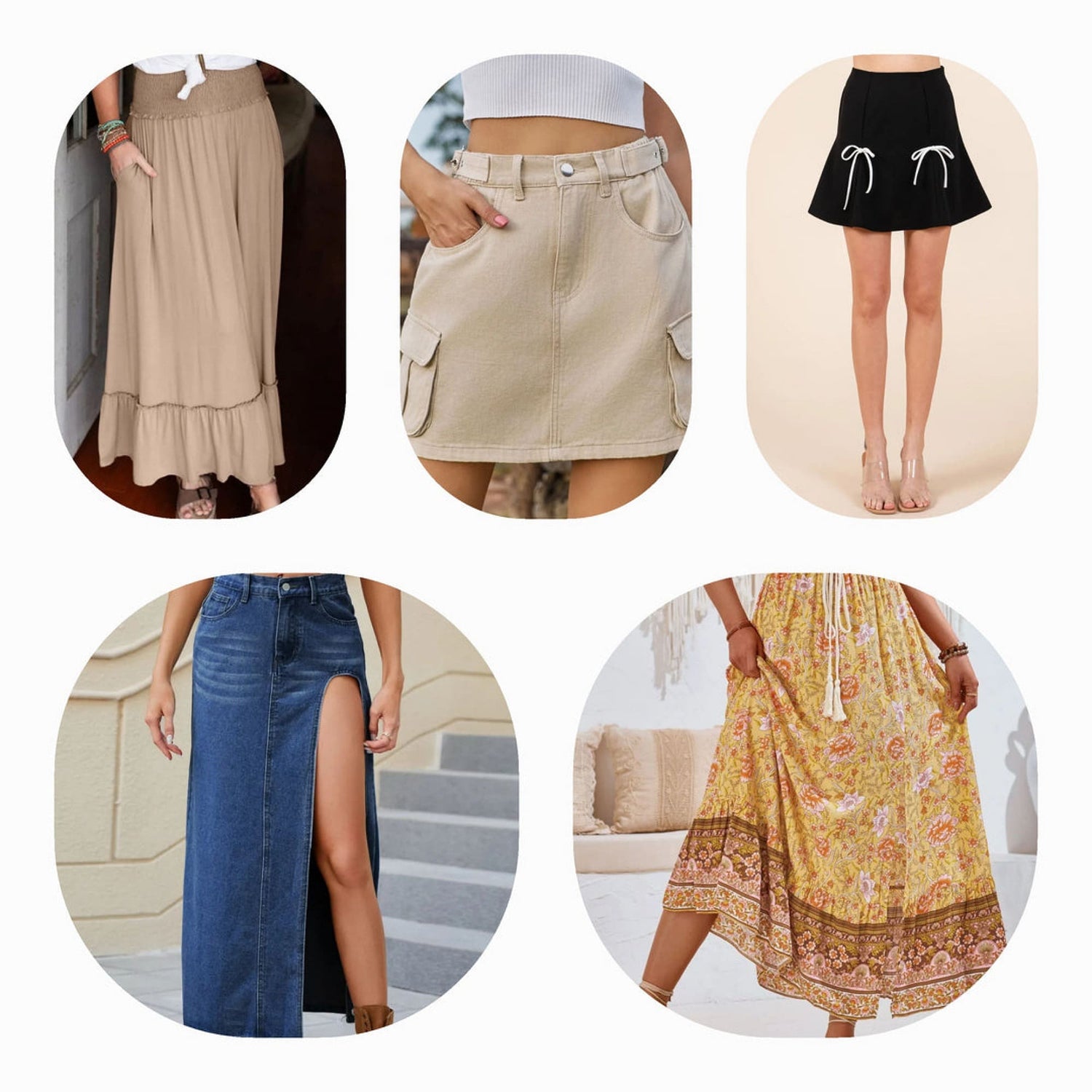 Collection of stylish skirts for women, including denim, floral, metallic, and work skirts for every occasion.

