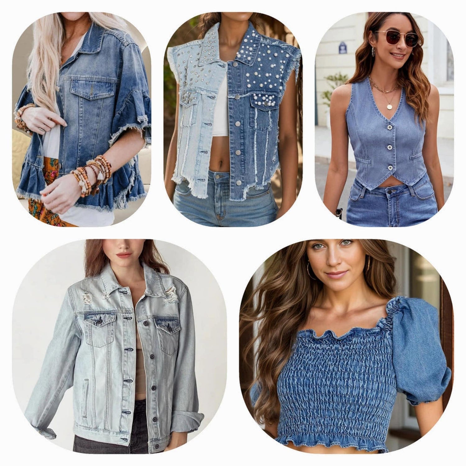 Variety of women's denim tops including blue, black, white denim shirts and blouses, perfect for casual and stylish looks.
