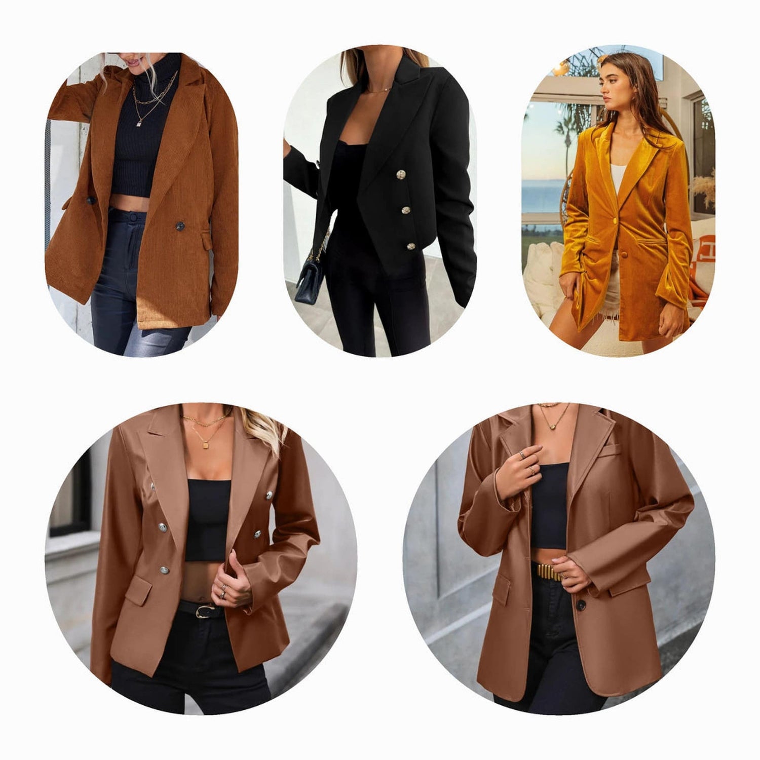 Chic selection of blazers including long blazers, black, pink, beige, ruched sleeve, silver, sparkly, and white styles.


