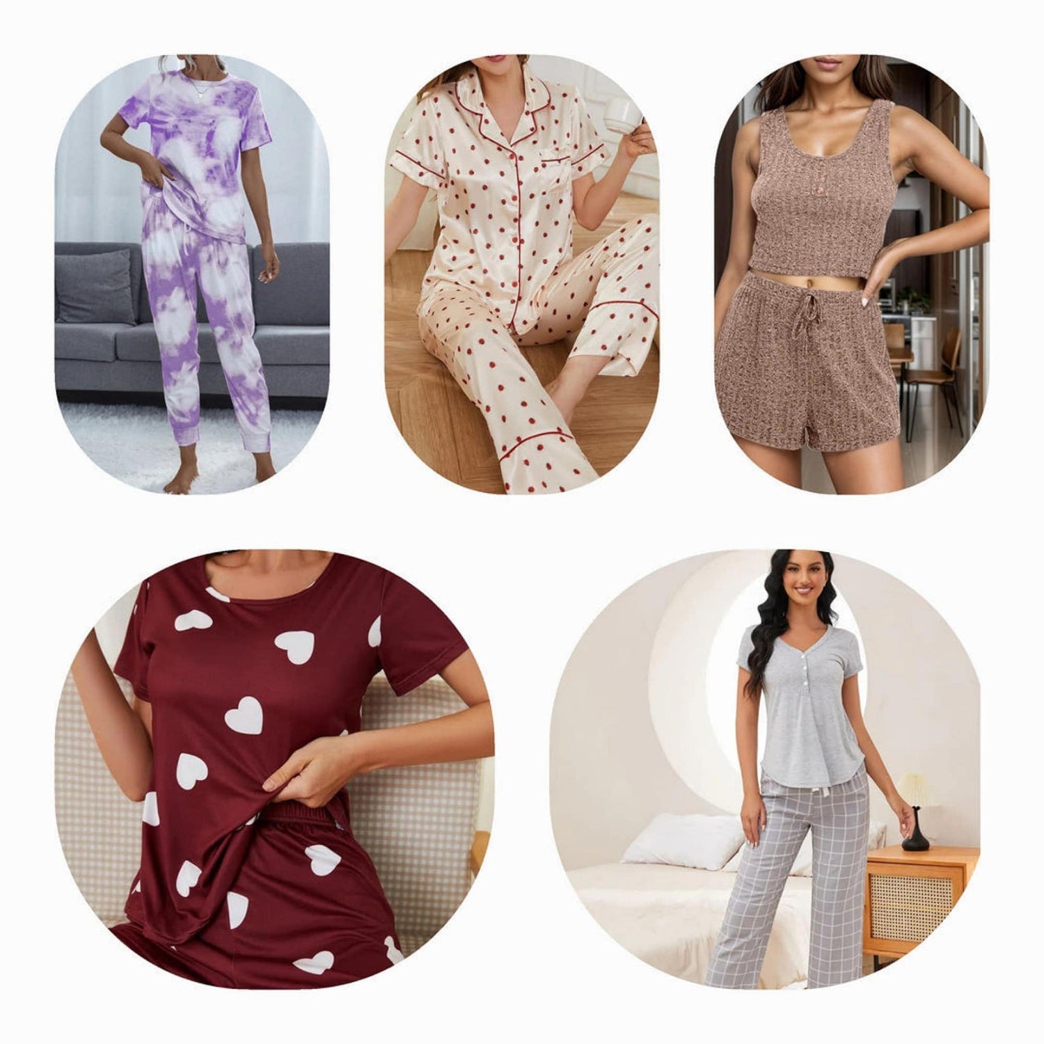 a cozy collection of stylish lounge wear sets in various colors, perfect for relaxation. The set includes a mix of comfortable pink, beige, and black options for women, designed for ultimate comfort during travel or lounging at home. 

