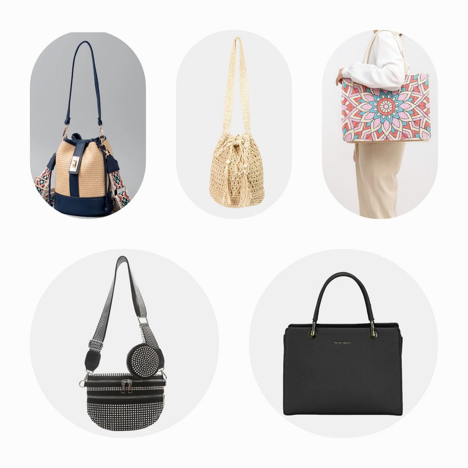 A selection of stylish handbags, including black crossbody bags, pink totes, and beige purses, showcasing a variety of shapes and sizes perfect for daily use and travel