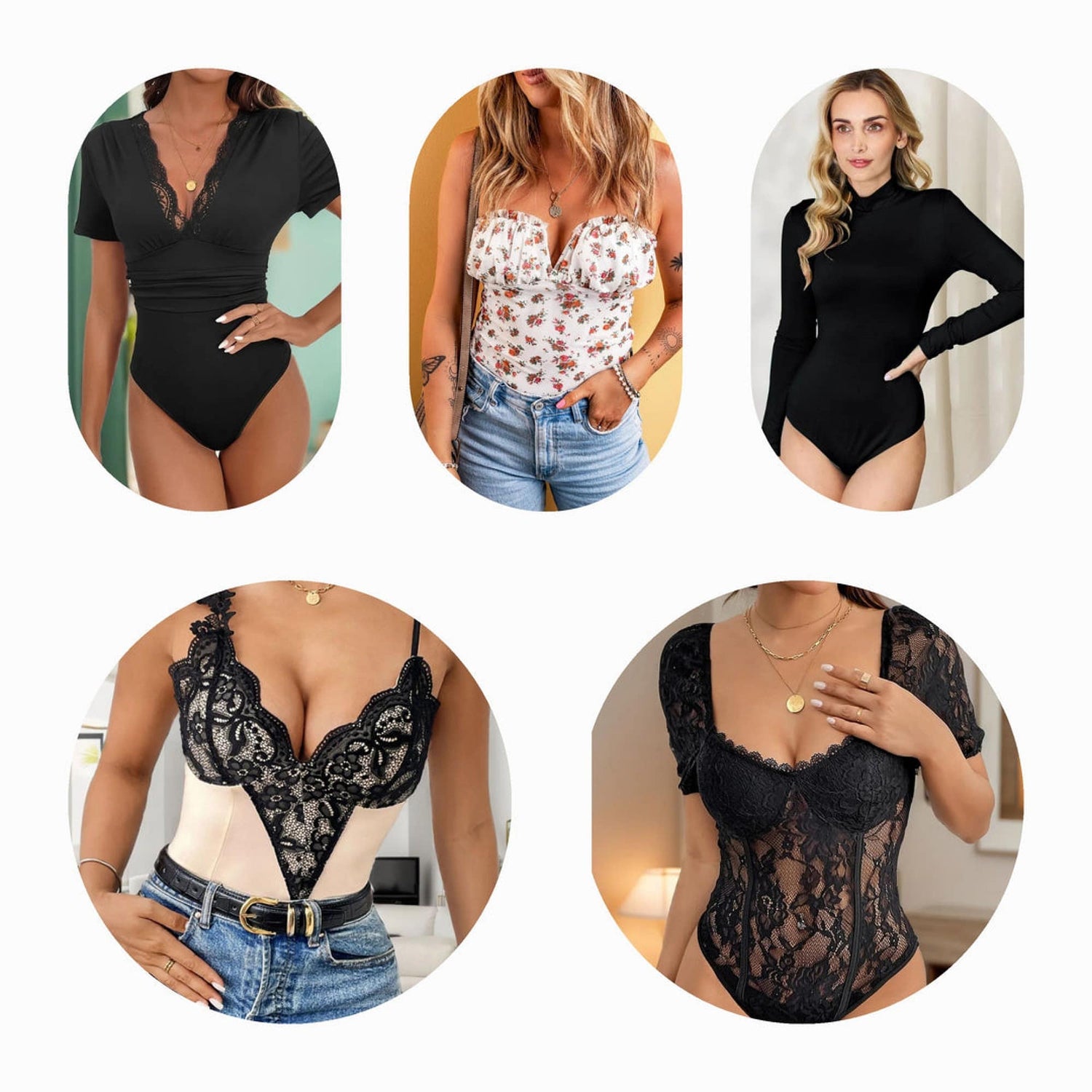 A selection of bodysuits in various styles and colors, including black, white, red, and pink, showcasing long sleeve, off-the-shoulder, and sequin designs