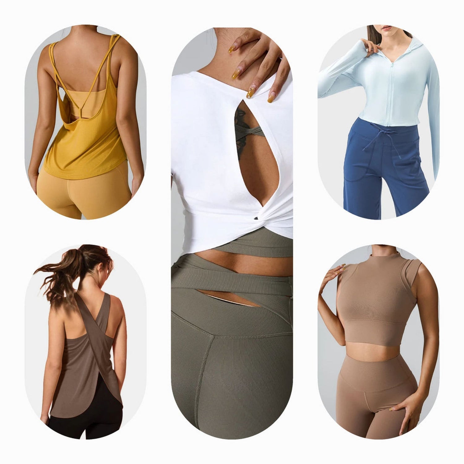 A variety of women's active tops, including workout tees, tanks, and sports shirts, in different colors such as black, pink, and green, displayed on a neutral background.
