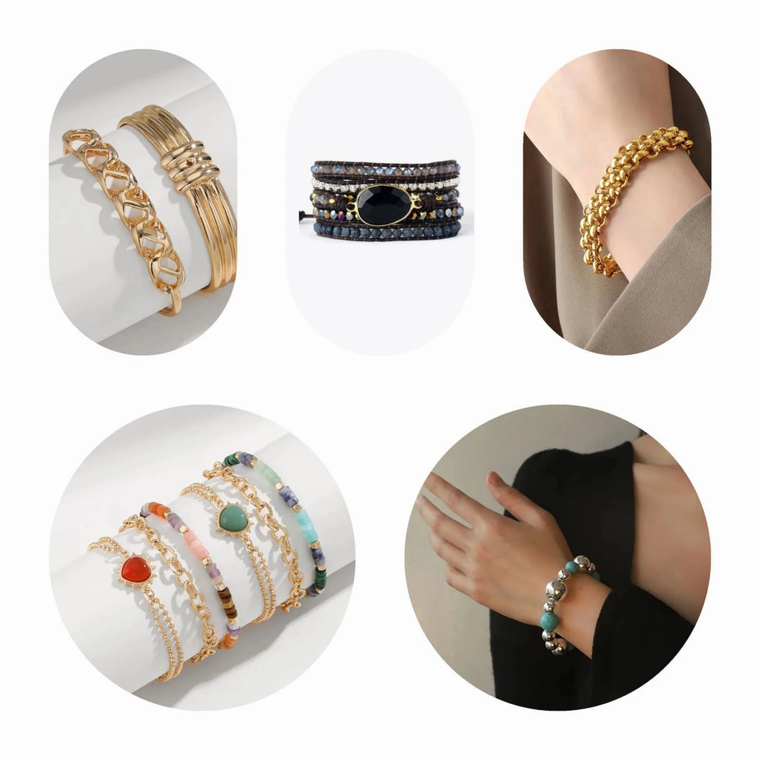 A collection of stylish bracelets, including gold, rose gold, and diamond bracelets, featuring heart, chain, and beaded designs, offering a variety of options for every taste and occasion.
