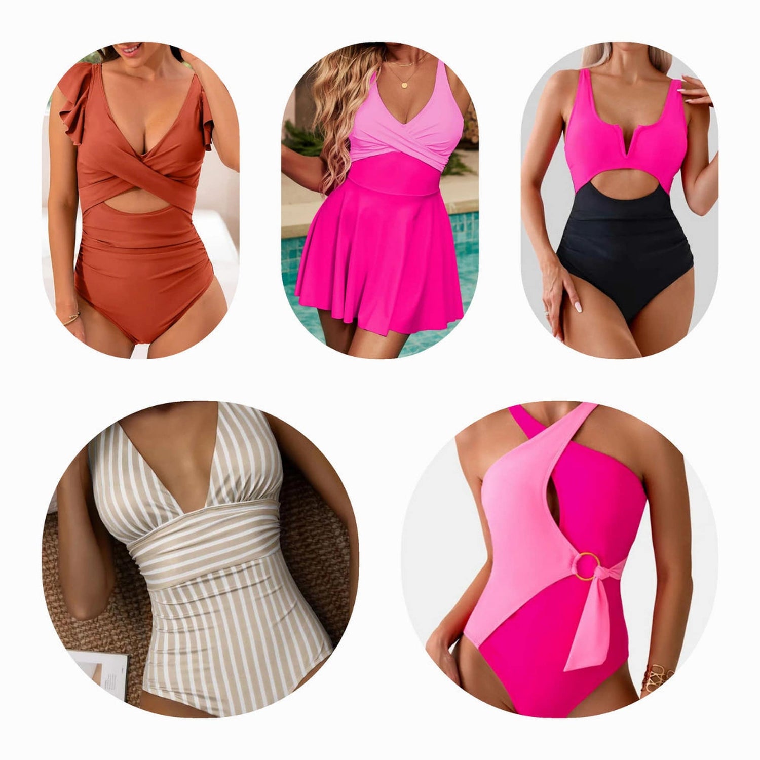A selection of stylish one-piece swimwear, including cute and trendy swimsuits for women in various colors and designs.
