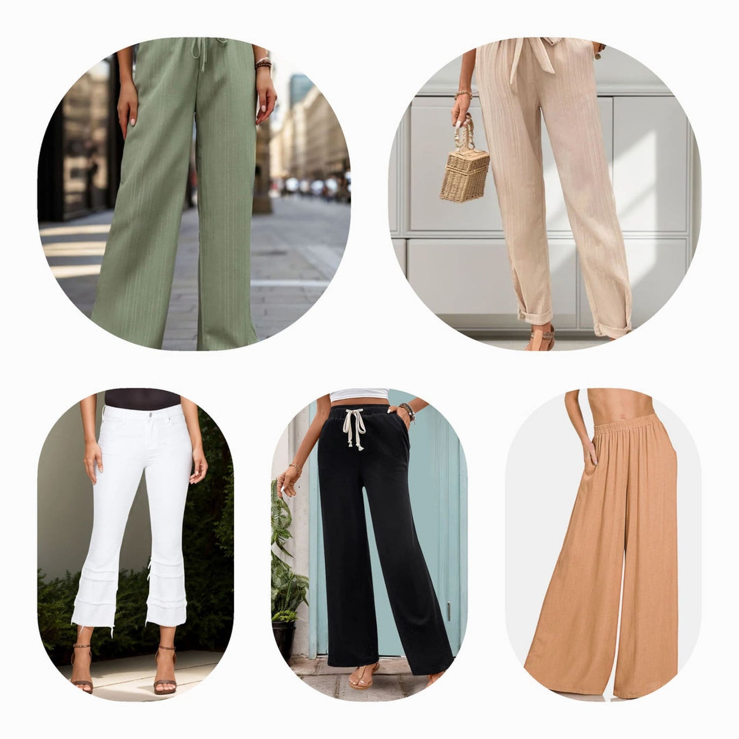 Variety of trendy pants including FR pants, fur pants, dark brown, olive green, dark green, light blue, dark blue, hot pink, and army green styles.

