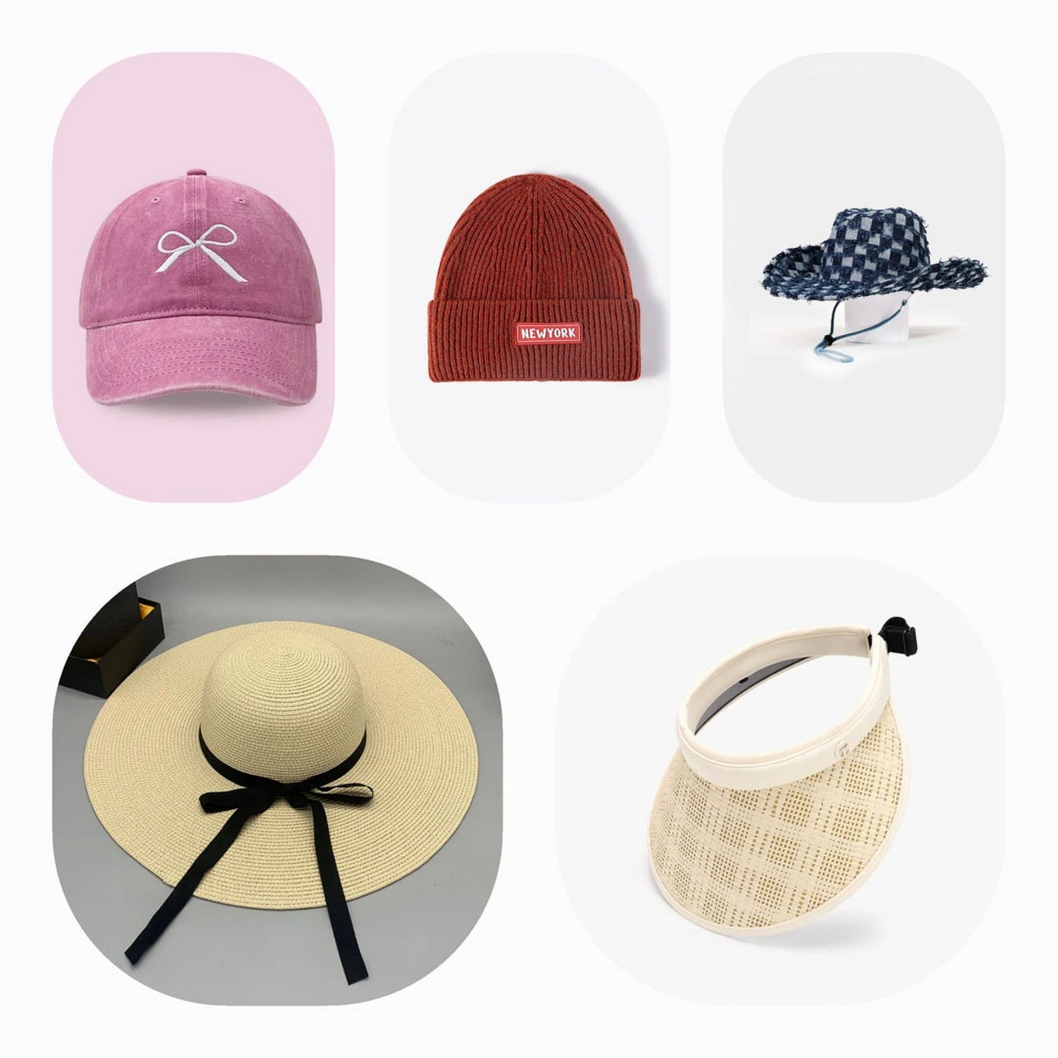 Collection of various hats, including black, tan, olive, and bright pink styles, perfect for adding a stylish touch to any outfit.
