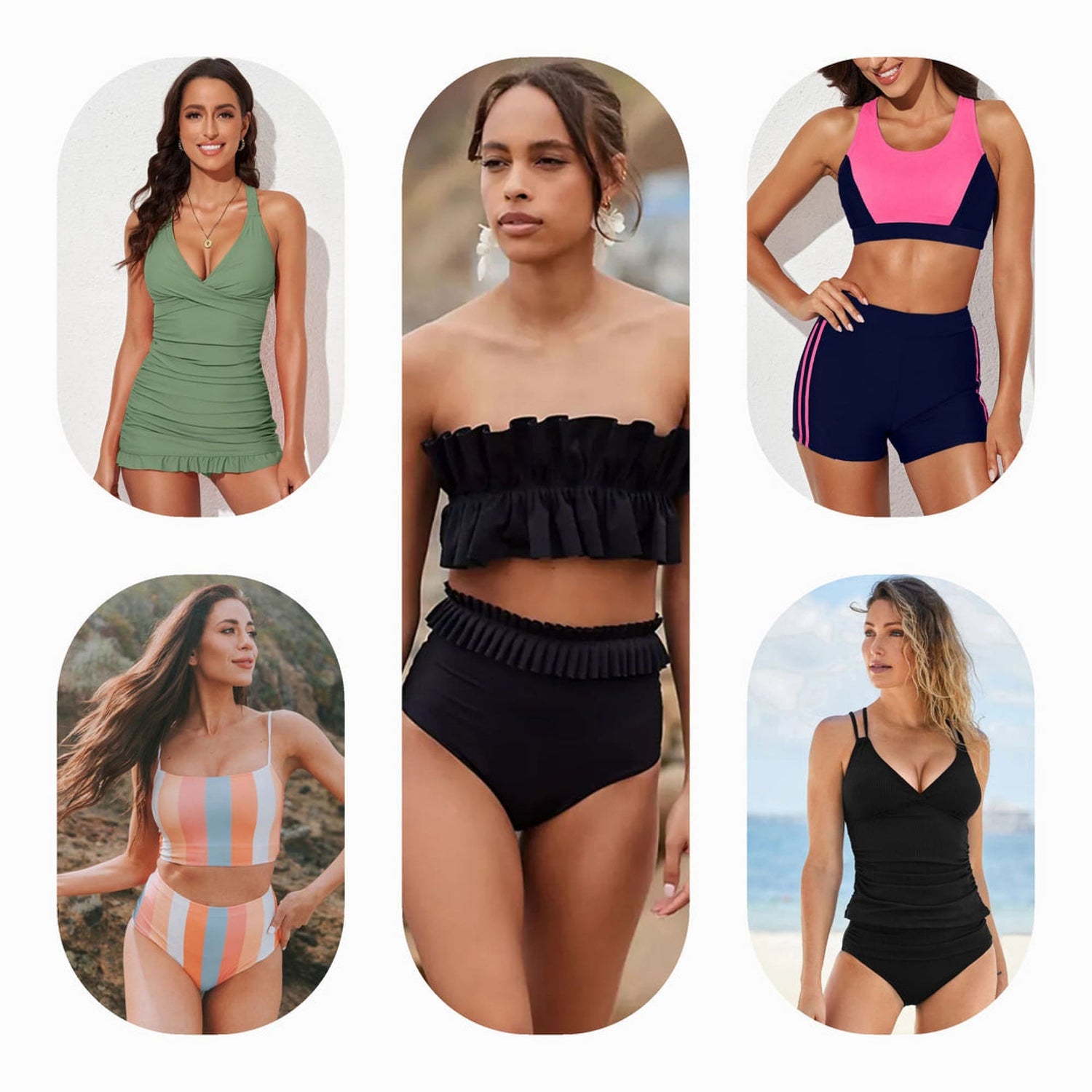 A collection of stylish women's swimwear sets, including 2-piece and 3-piece swimsuits, tankinis, and bikinis in various colors and patterns, displayed on a neutral background.
