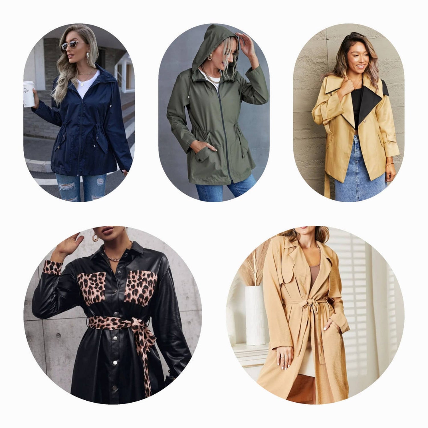A variety of women's trench coats in different colors and styles, including black, pink, khaki, and green, featuring options like long coats, hooded designs, and faux fur collars for fall and winter.
