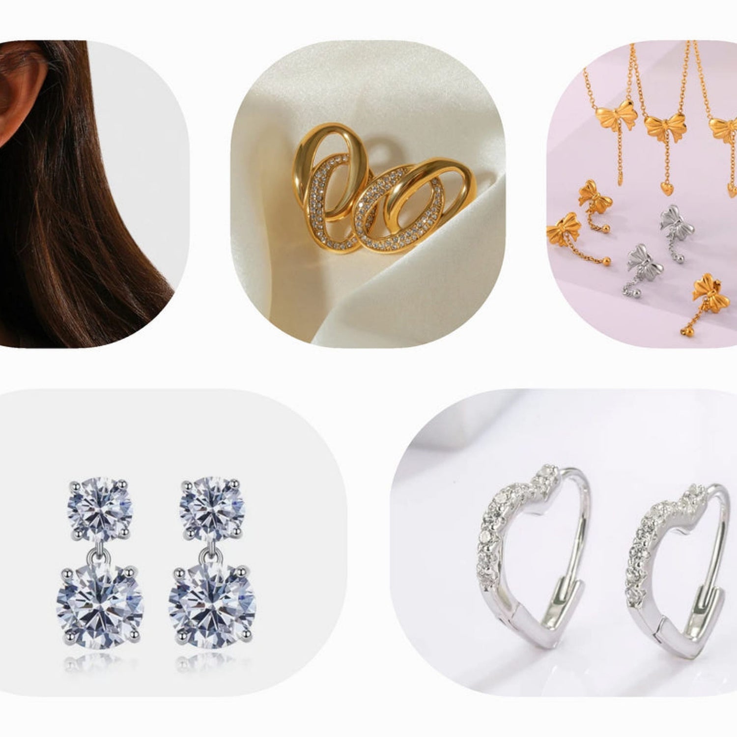 A variety of earrings including silver studs, gold hoops, and colorful designs, displayed on a clean background.
