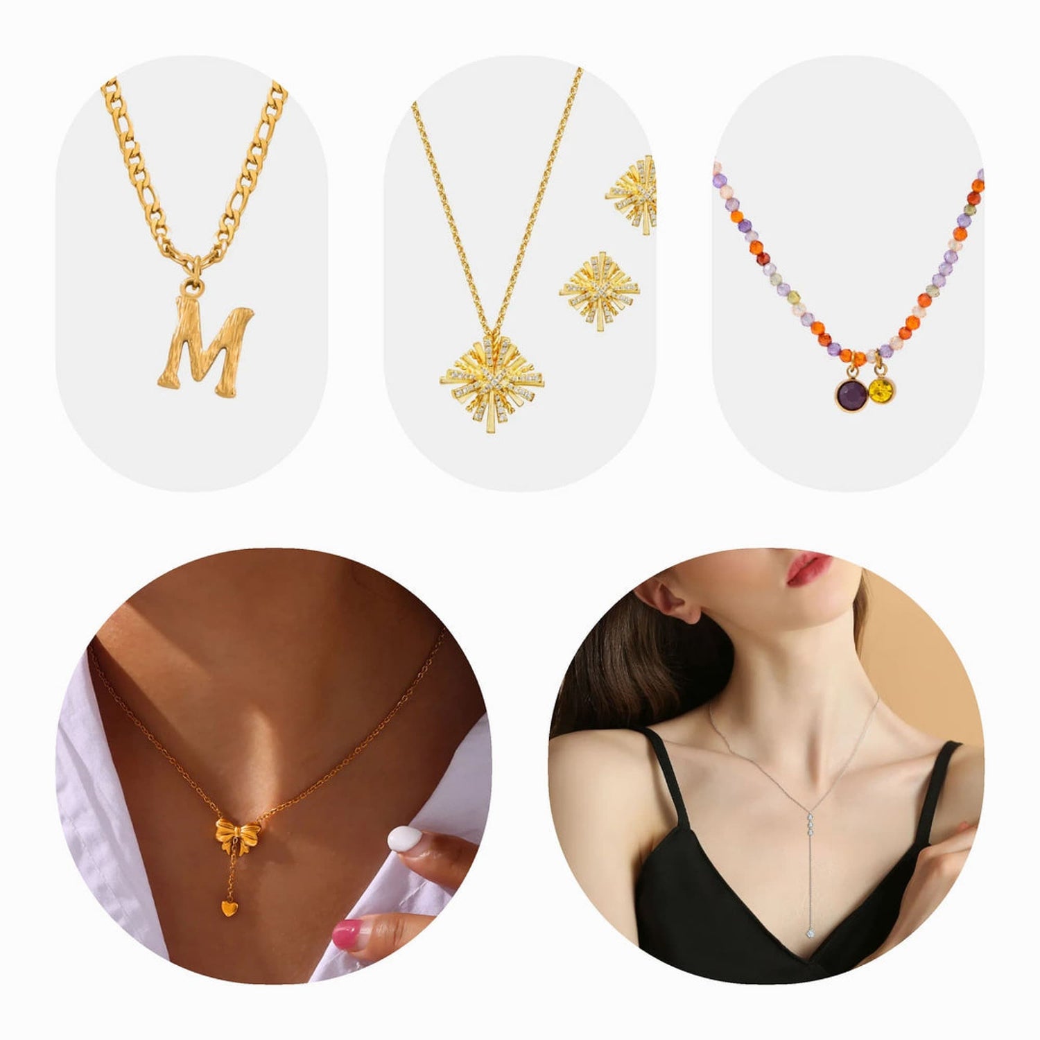 A variety of necklaces, including silver, gold, rose gold, and colorful pendants, displayed on a simple background.