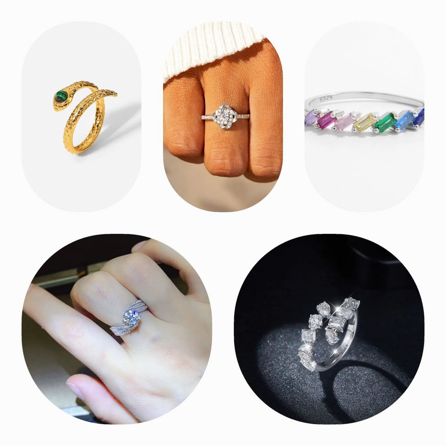 A selection of elegant rings including sterling silver, rose gold, and 18k gold options, featuring butterfly, heart-shaped, and engraved designs. Perfect for any occasion or as a gift.
