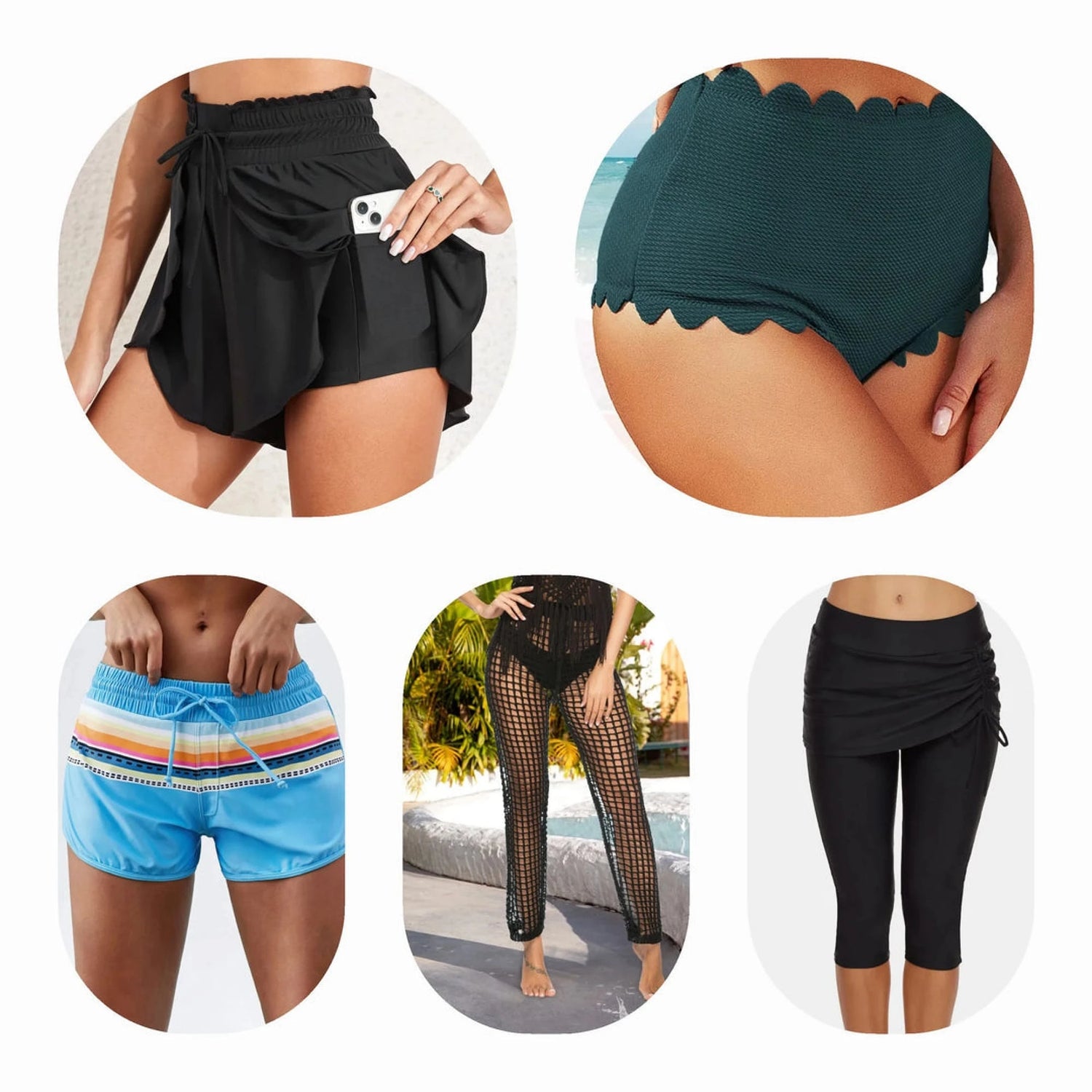 A variety of swim bottoms including high-waisted swim skirts, shorts, and plus-size options in black, white, navy, and vibrant colors, offering full coverage and flattering fits for every body type.