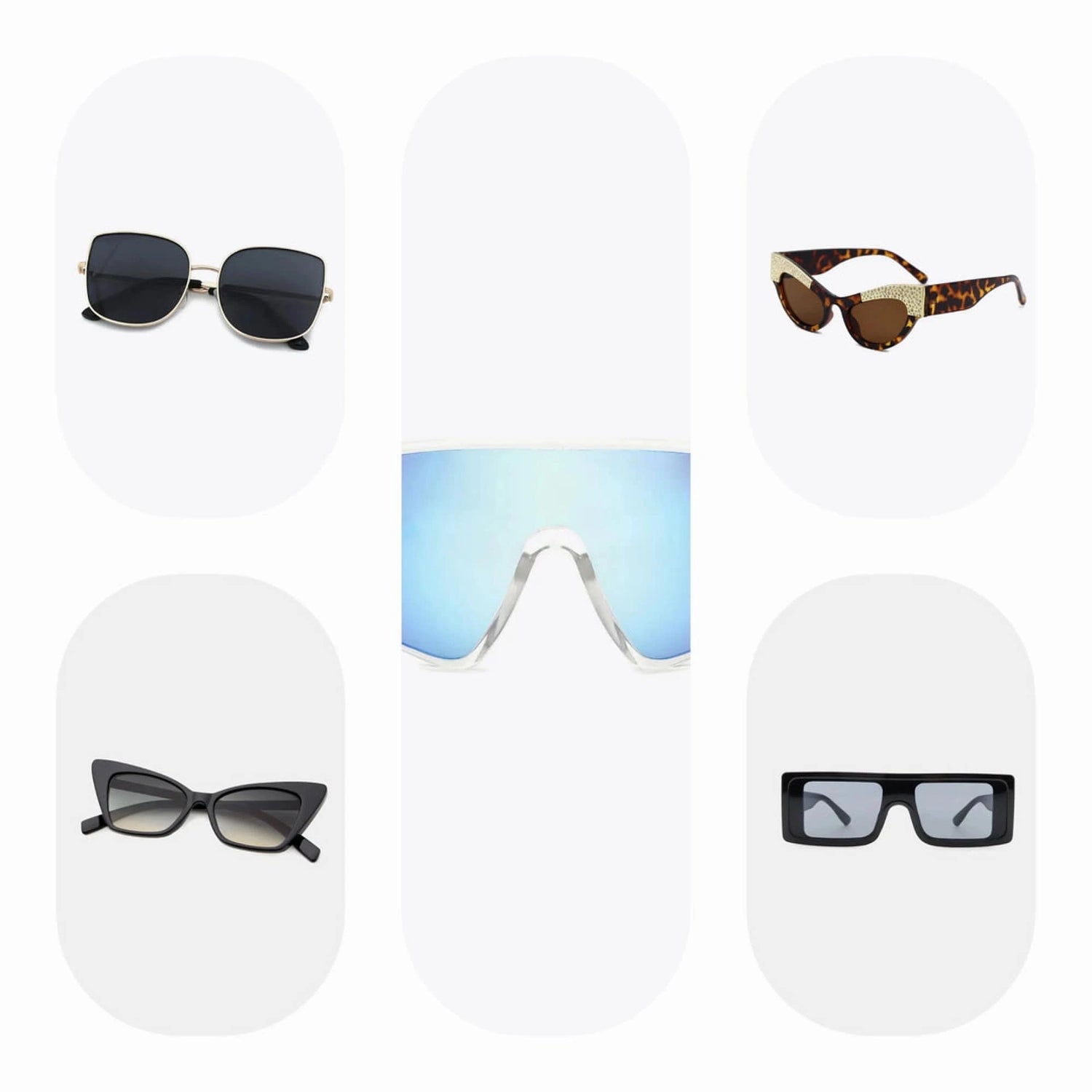 Variety of trendy sunglasses including cat eye, square, pink, green, white, black cat eye, black square, and rectangle styles.

