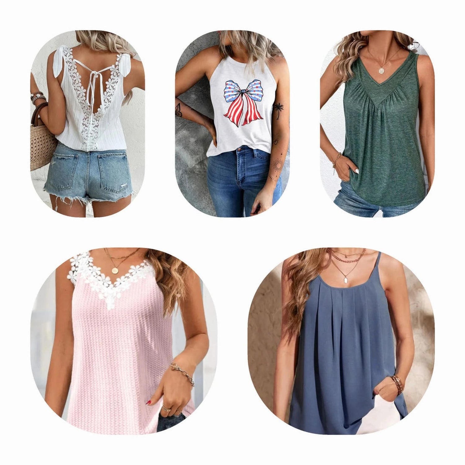 A selection of women's tank tops and camisoles in various colors, including white, black, pink, and floral patterns.