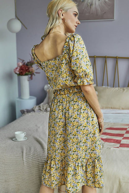 Set aus Oberteil und Rock mit Blumenmuster, V-Ausschnitt, Volantärmeln