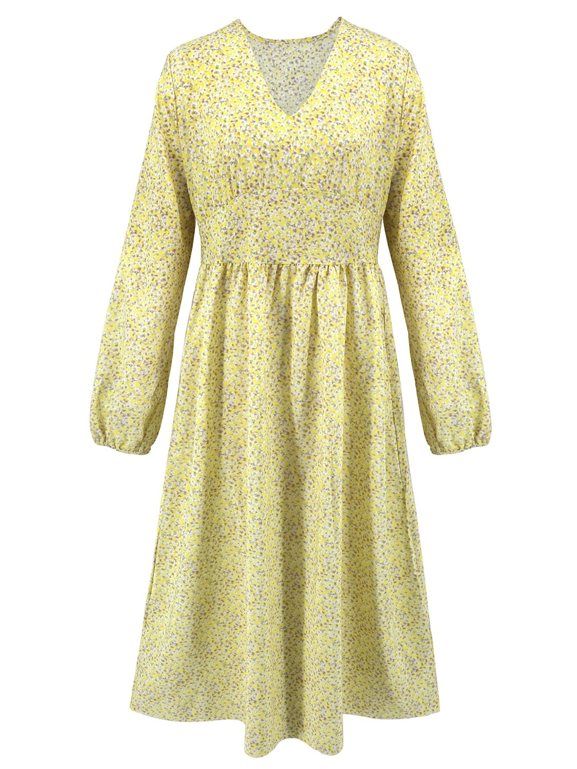 Langärmliges Midikleid mit Blumenmuster und V-Ausschnitt