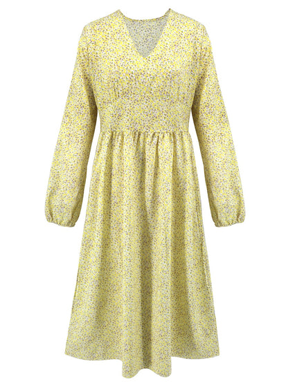Langärmliges Midikleid mit Blumenmuster und V-Ausschnitt