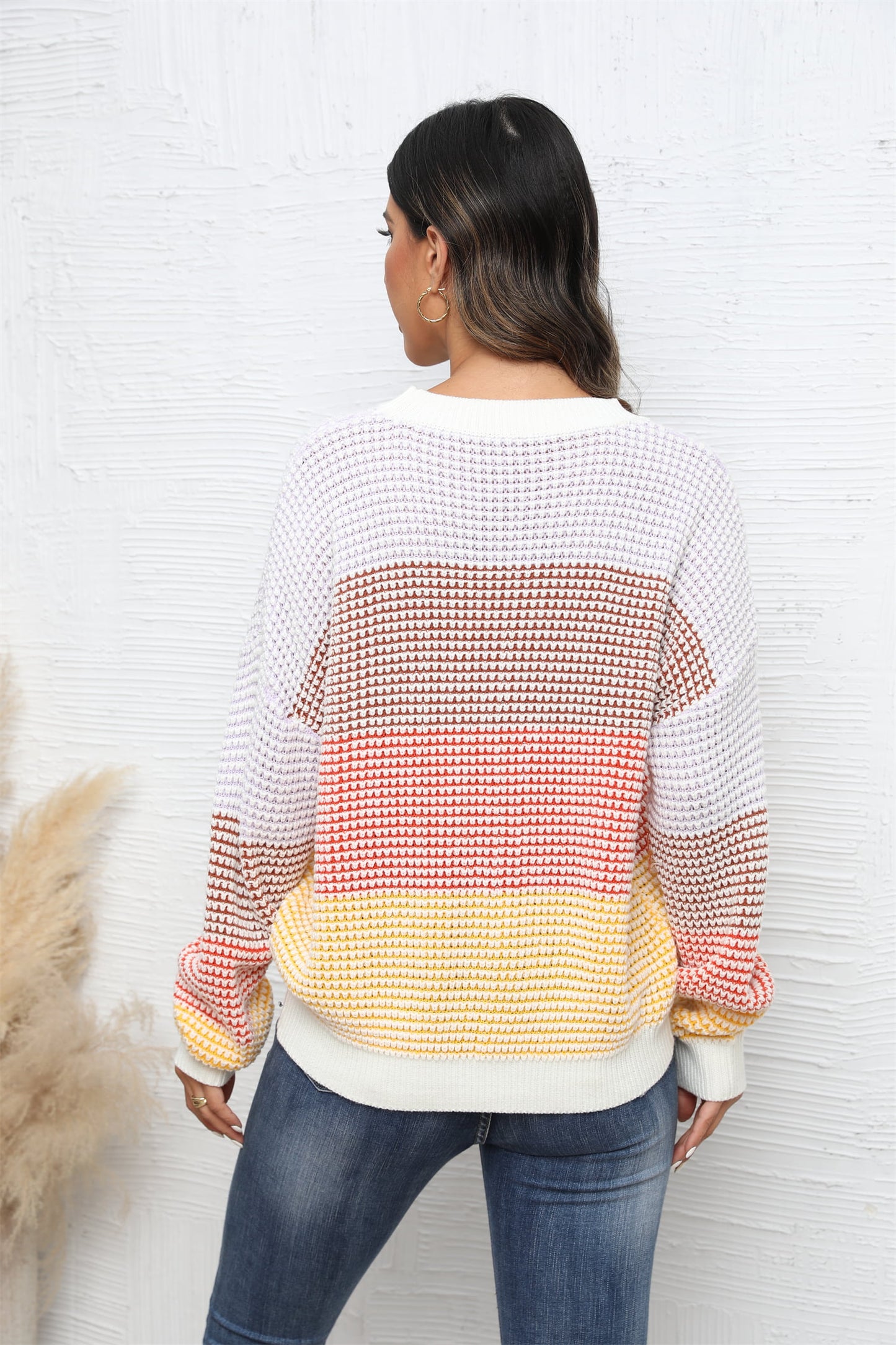 Pullover mit Waffelstrick und Engelsflügeln, Rundhalsausschnitt, überschnittenen Schultern und Farbblockdesign