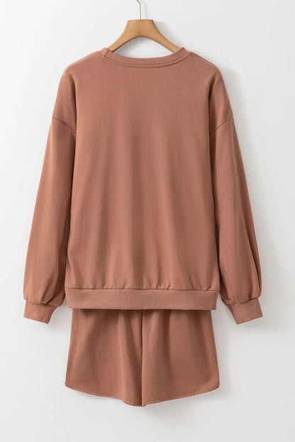 COFFEE Set aus langärmligem Top und Shorts mit Pailletten und Rundhalsausschnitt