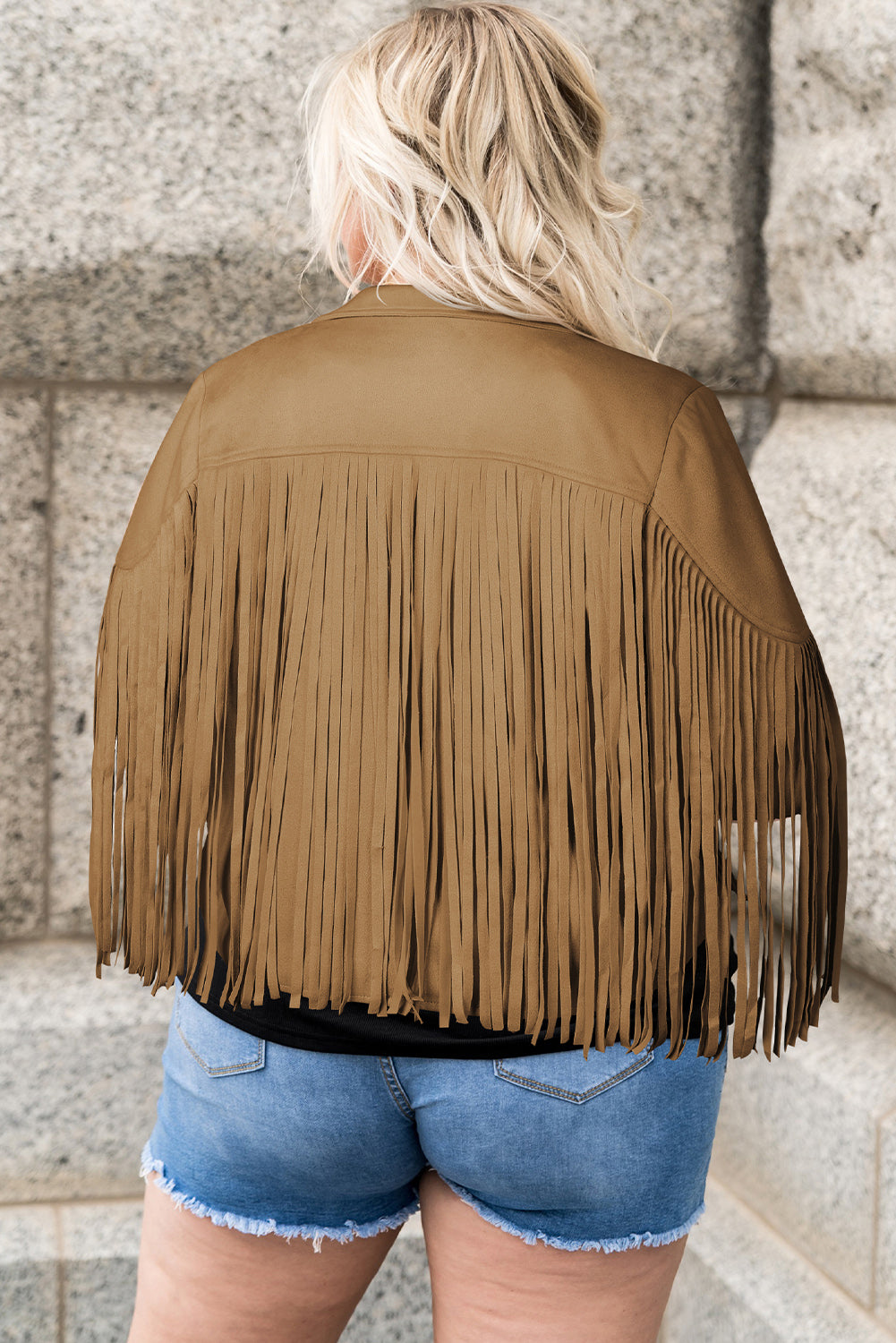 Chaqueta con frente abierto y flecos de talla grande