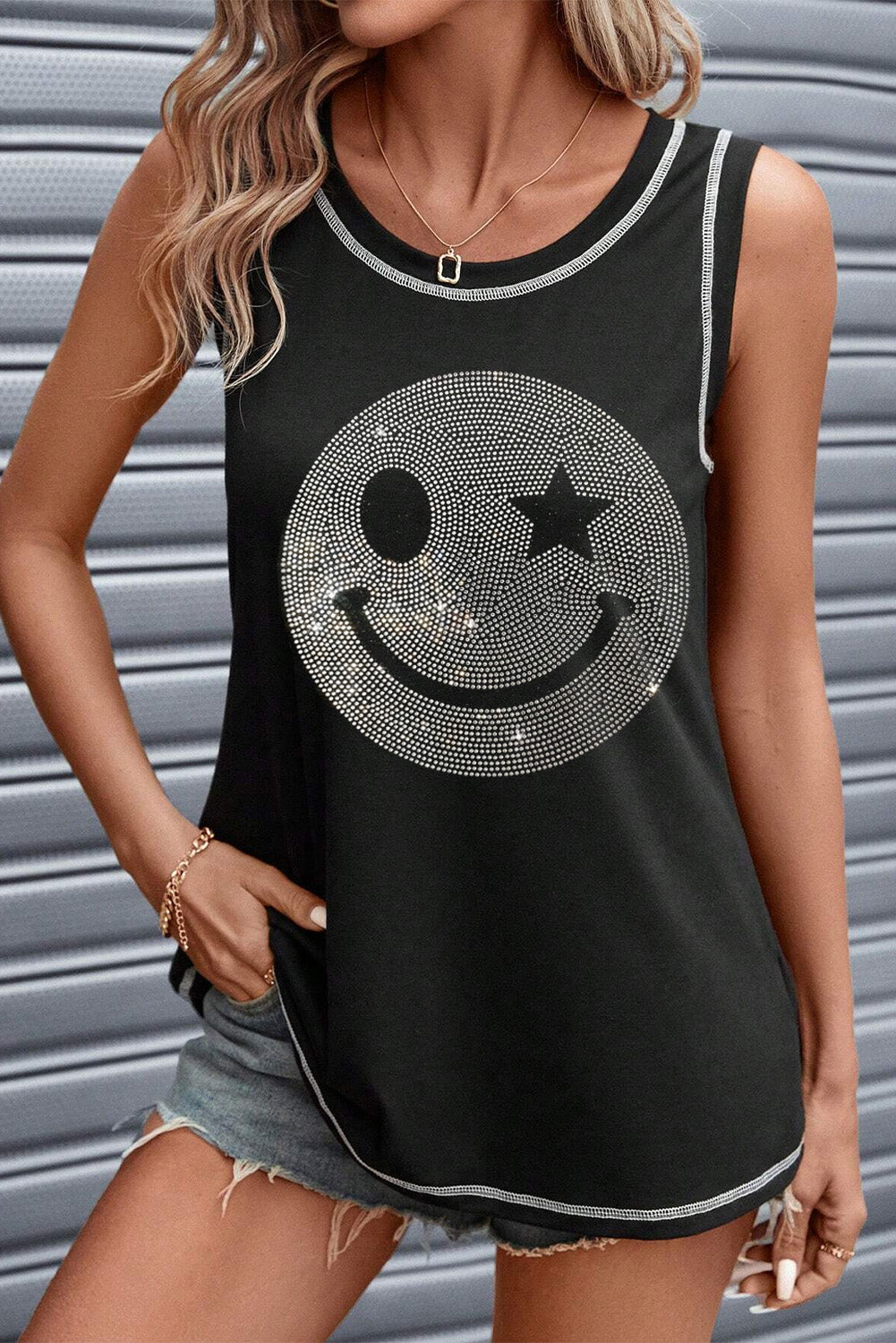 Strass Smile Face Rundhals-Tank