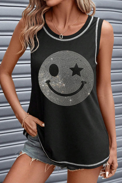Strass Smile Face Rundhals-Tank