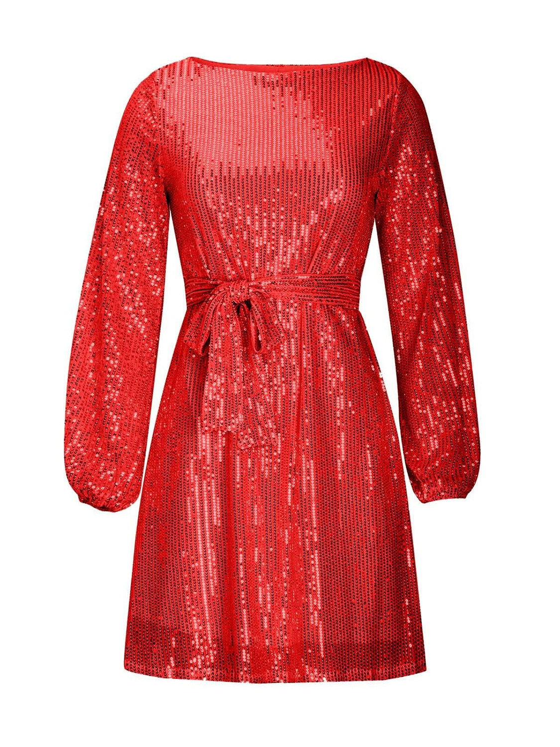 Langärmliges Minikleid mit Pailletten und Bindegürtel