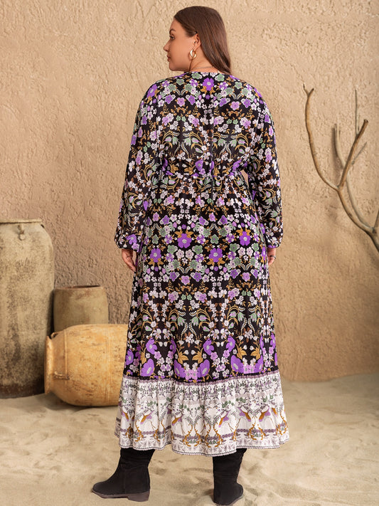 Bedrucktes Midikleid mit V-Ausschnitt und Ballonärmeln in Übergröße