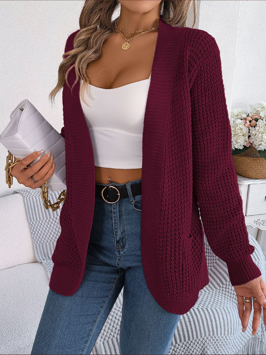Strickjacke mit offenen Ärmeln und Taschen