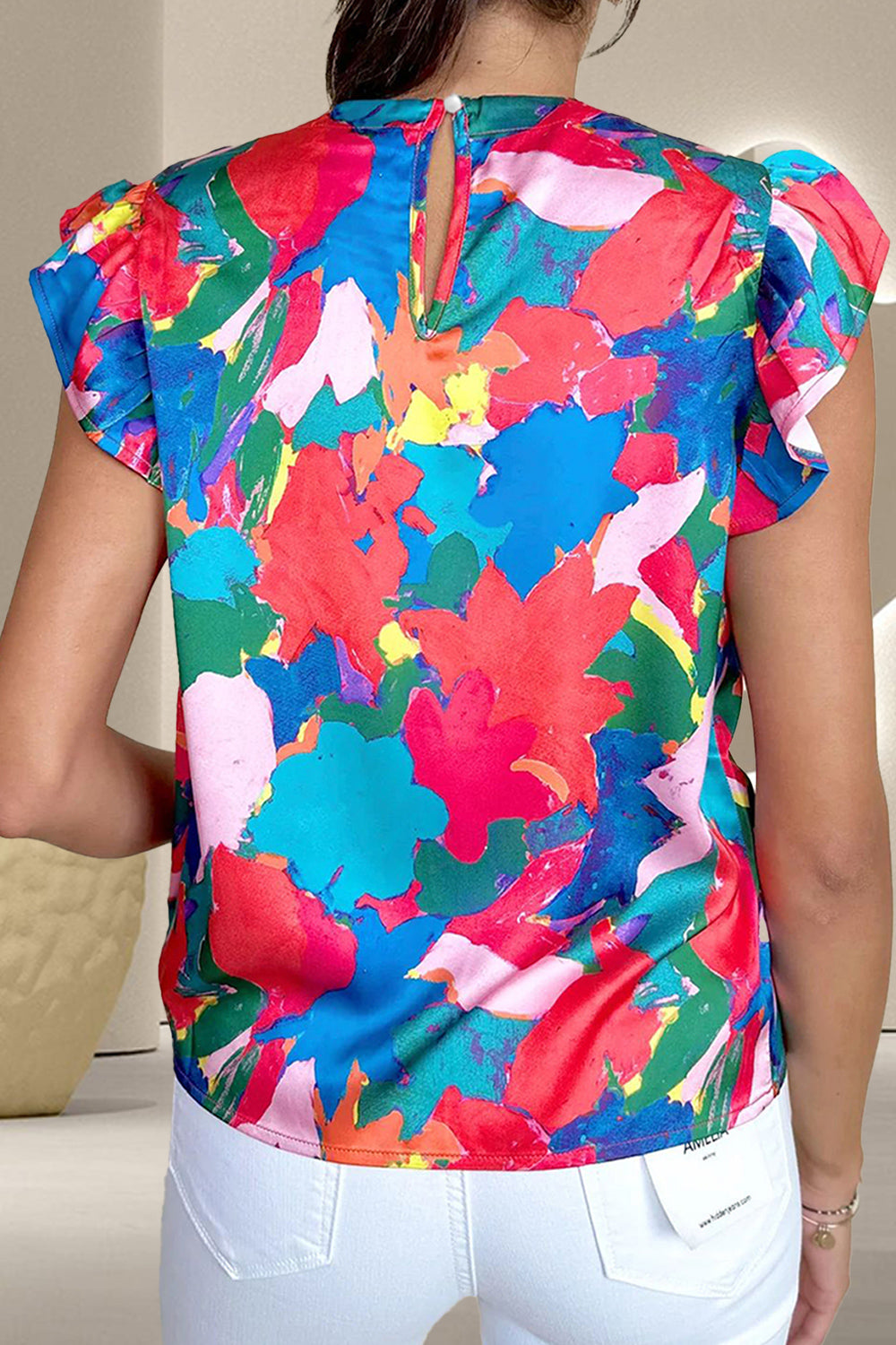 Bluse mit Rundhalsausschnitt, Flügelärmeln, abstraktem Print und Rüschen