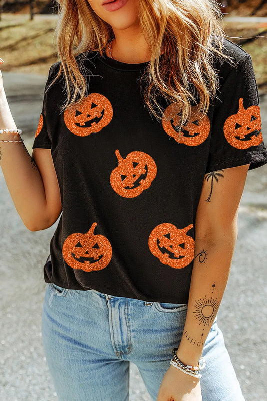 Glitzerndes Jack-O'-Lantern-T-Shirt in voller Größe mit Rundhalsausschnitt und kurzen Ärmeln