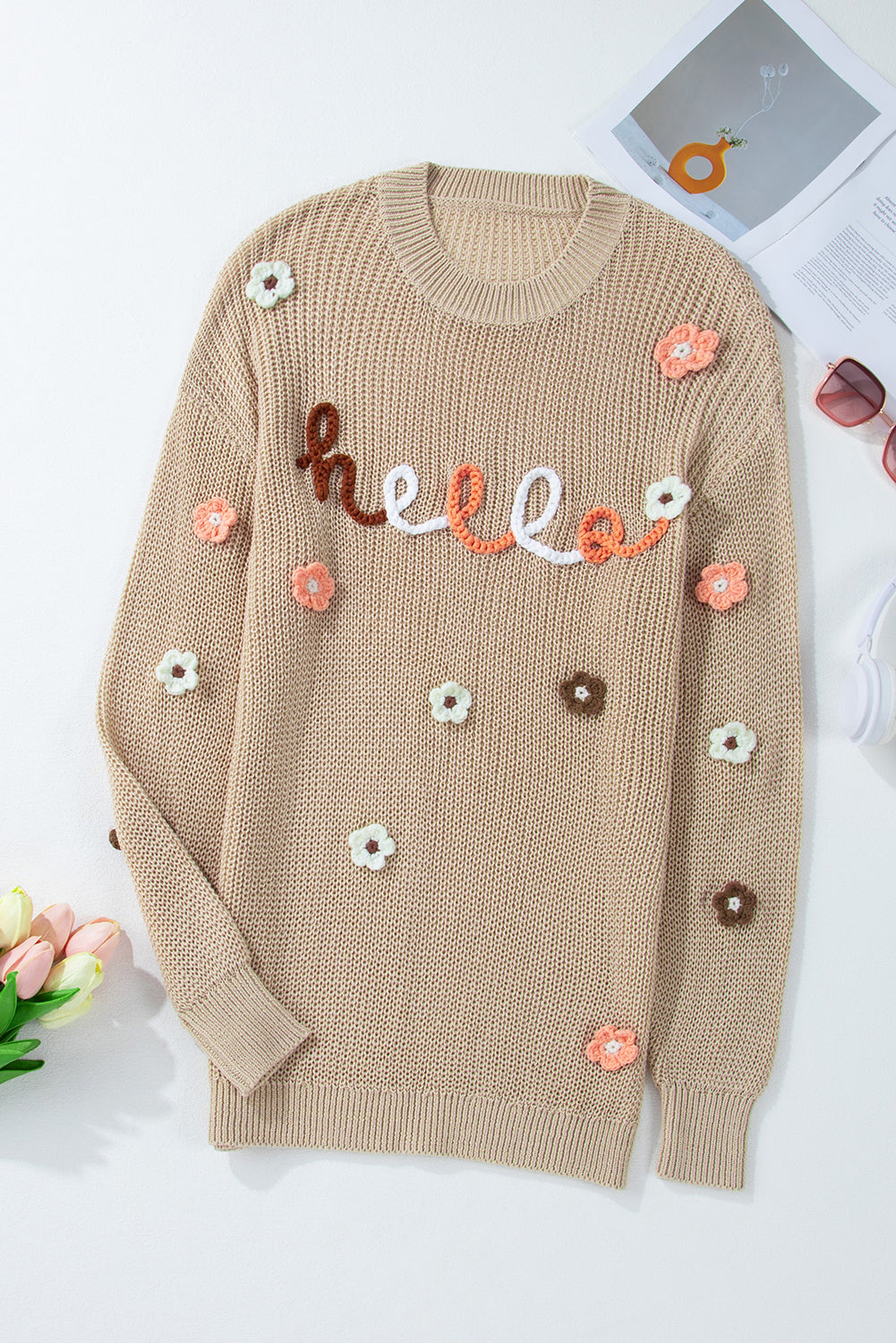 HELLO Blumen Rundhals Langarm Pullover
