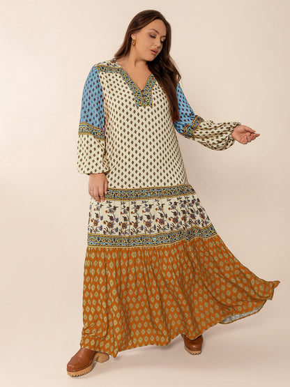 Bedrucktes Maxikleid mit V-Ausschnitt und Ballonärmeln in Übergröße