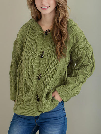 Langärmlige Strickjacke mit Kapuze und Zopfmuster