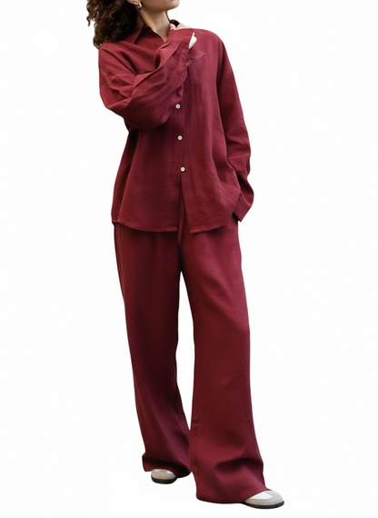 Relaxed Fit Button Up Shirt and Pants Two-Piece Set