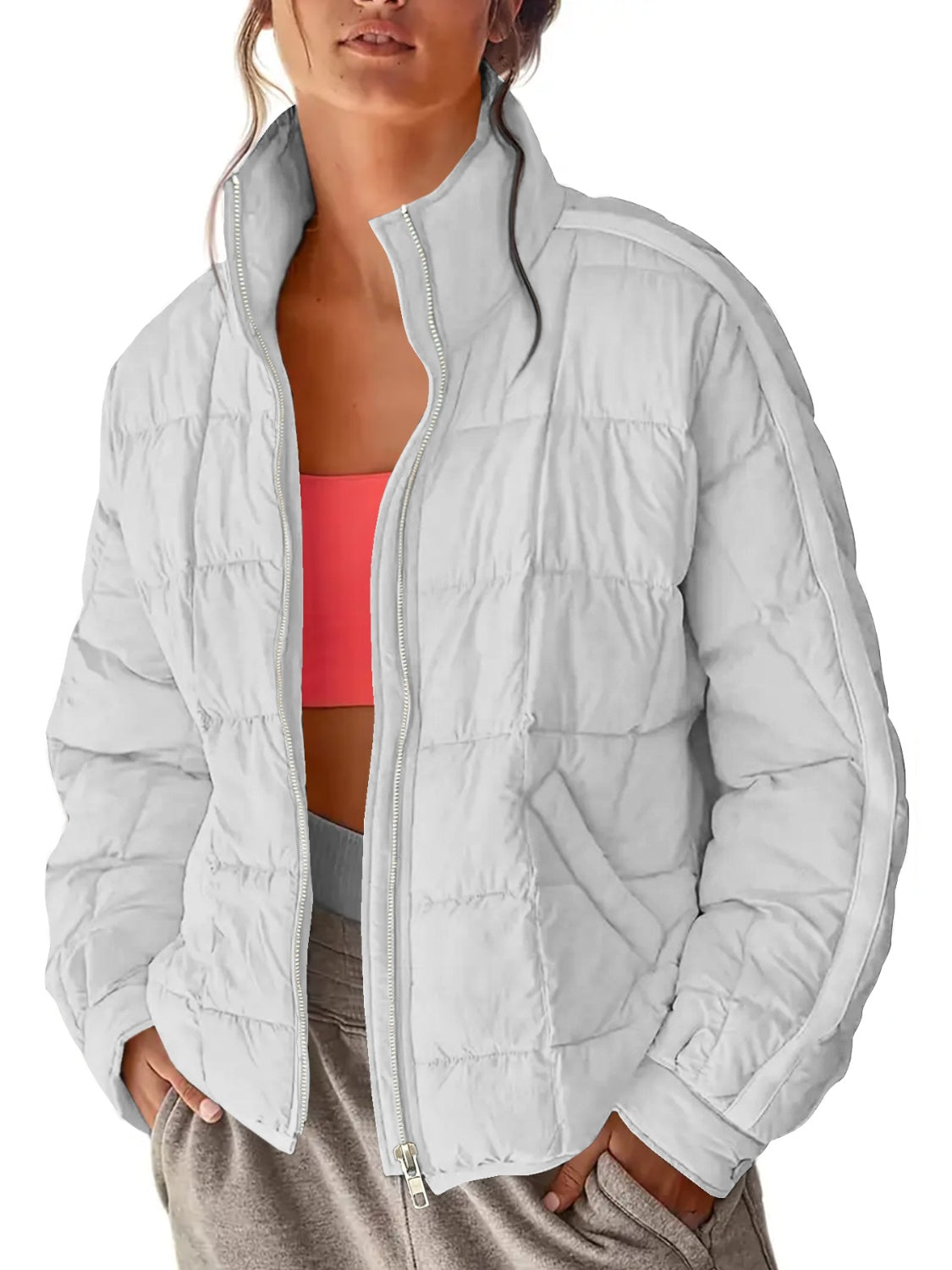 Gesteppter Wintermantel mit Reißverschluss und Taschen