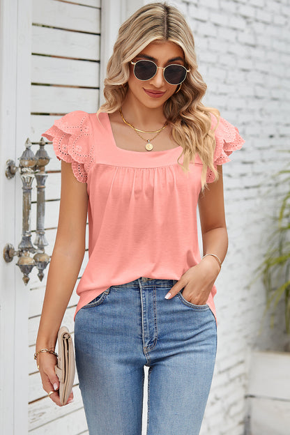 Bluse mit Lochstickerei, eckigem Ausschnitt und Flügelärmeln