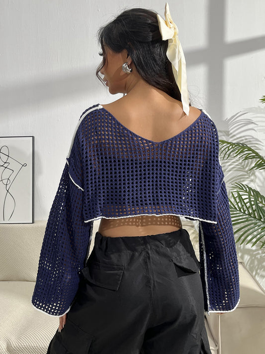 Top corto de punto de manga larga con parches en contraste