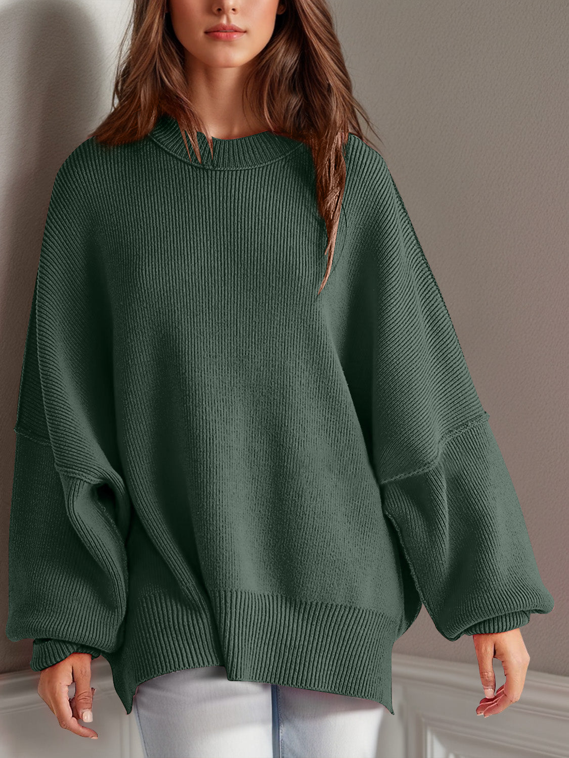 Double Take – Langärmliger Pullover mit seitlichem Schlitz und Rundhalsausschnitt