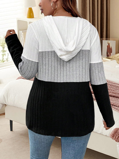 Plus Size Langarm-Kapuzenoberteil mit Kordelzug und Farbblock