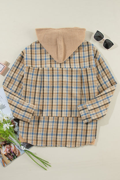 Patchwork-Shacket mit Kapuze und Waffelstrick im Plaid-Stil mit Kordelzug