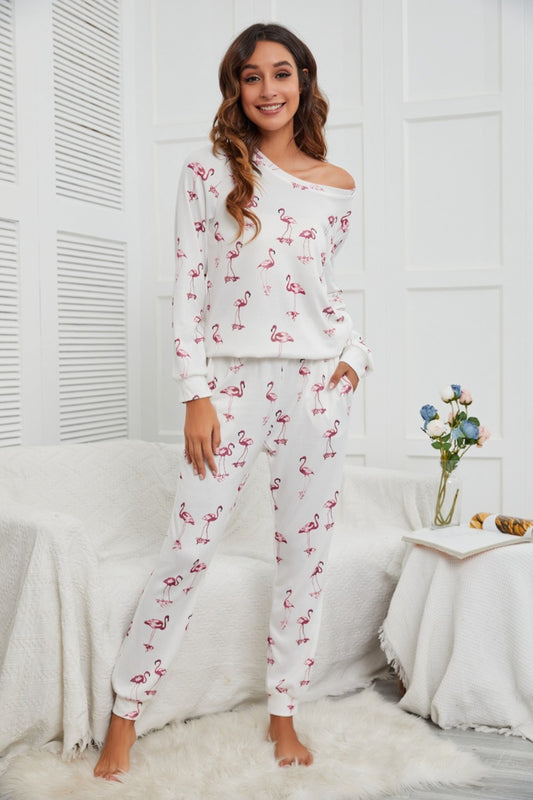 Lounge-Set aus langärmligem Oberteil und Hose mit Flamingo-Print