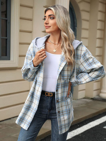 Karierte Kapuzenjacke mit Kordelzug und Knopfleiste