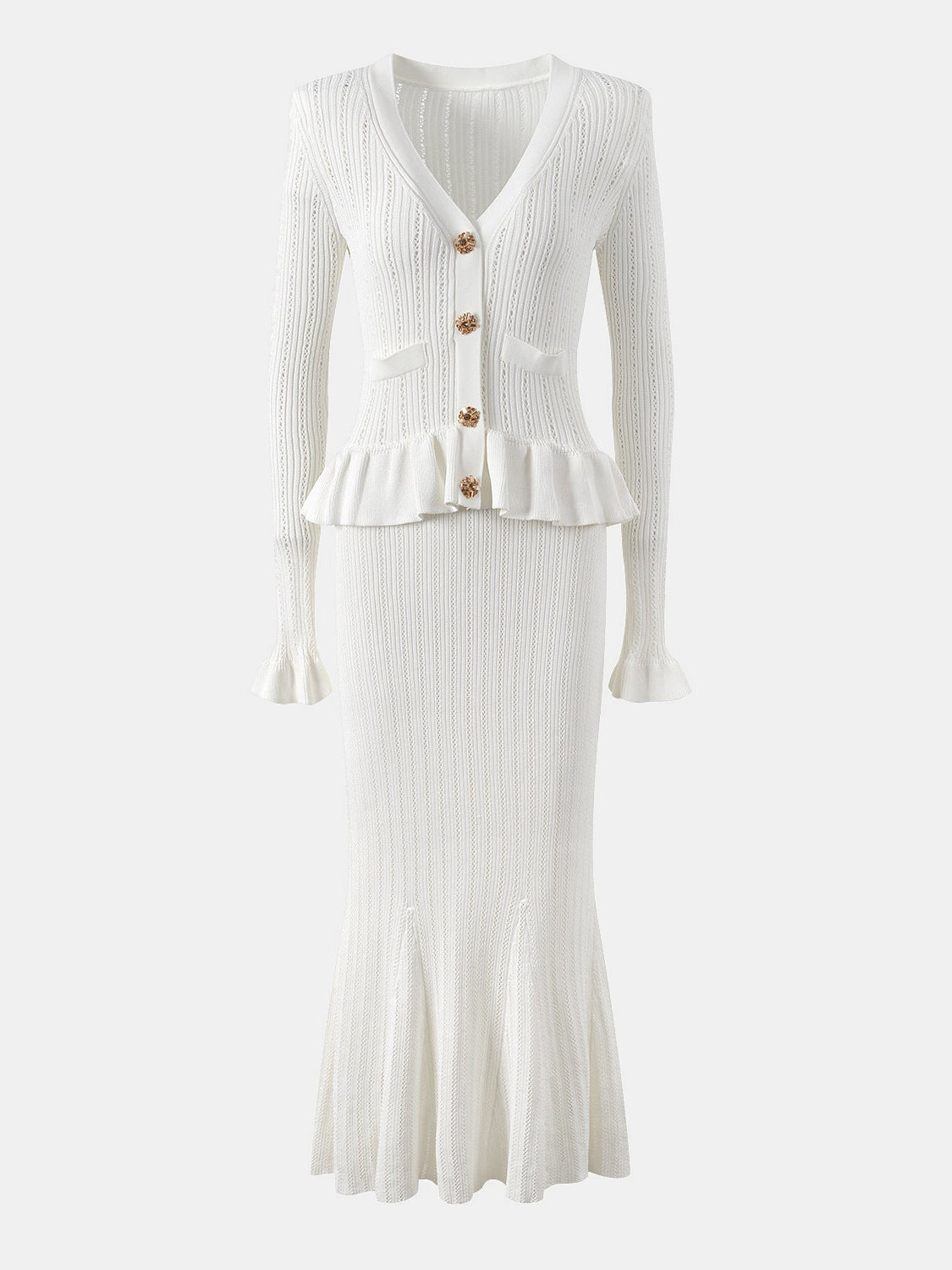 Set aus Oberteil mit V-Ausschnitt und Pullover mit Midirock und Rüschen