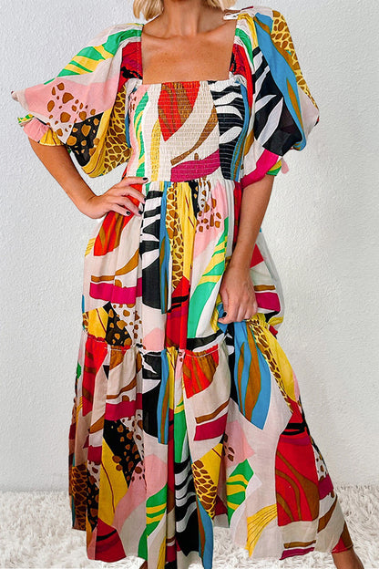 Bedrucktes, kurzärmliges Midikleid mit eckigem Ausschnitt